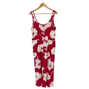 TiMo Floral Jumpsuit Red cream ivory wide leg cropped  Large
